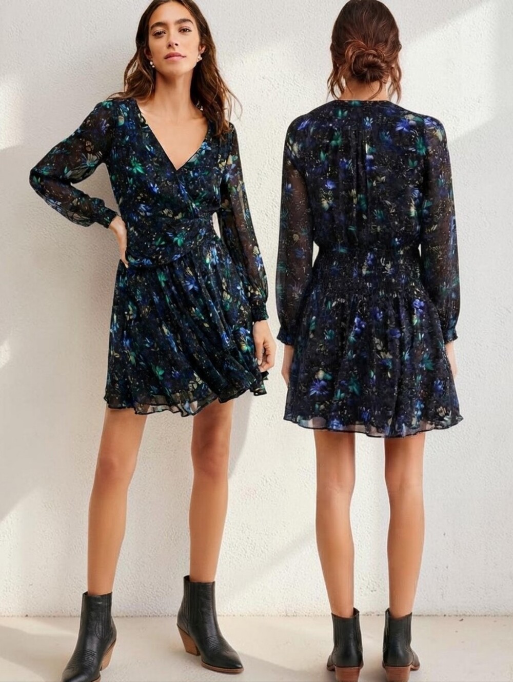 ANTHROPOLOGIE Long Sleeve Ruched Floral Print Mini Dress - Size XL